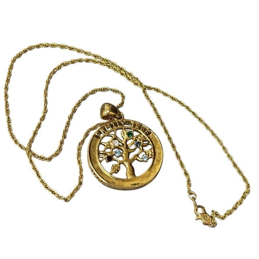 Family Tree Gold Tone Pendant Necklace With 6 Stones 20” Chain